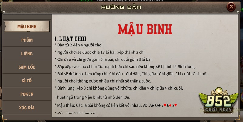 Chia sẻ luật chơi dễ hiểu của Mậu binh tại cổng game B52