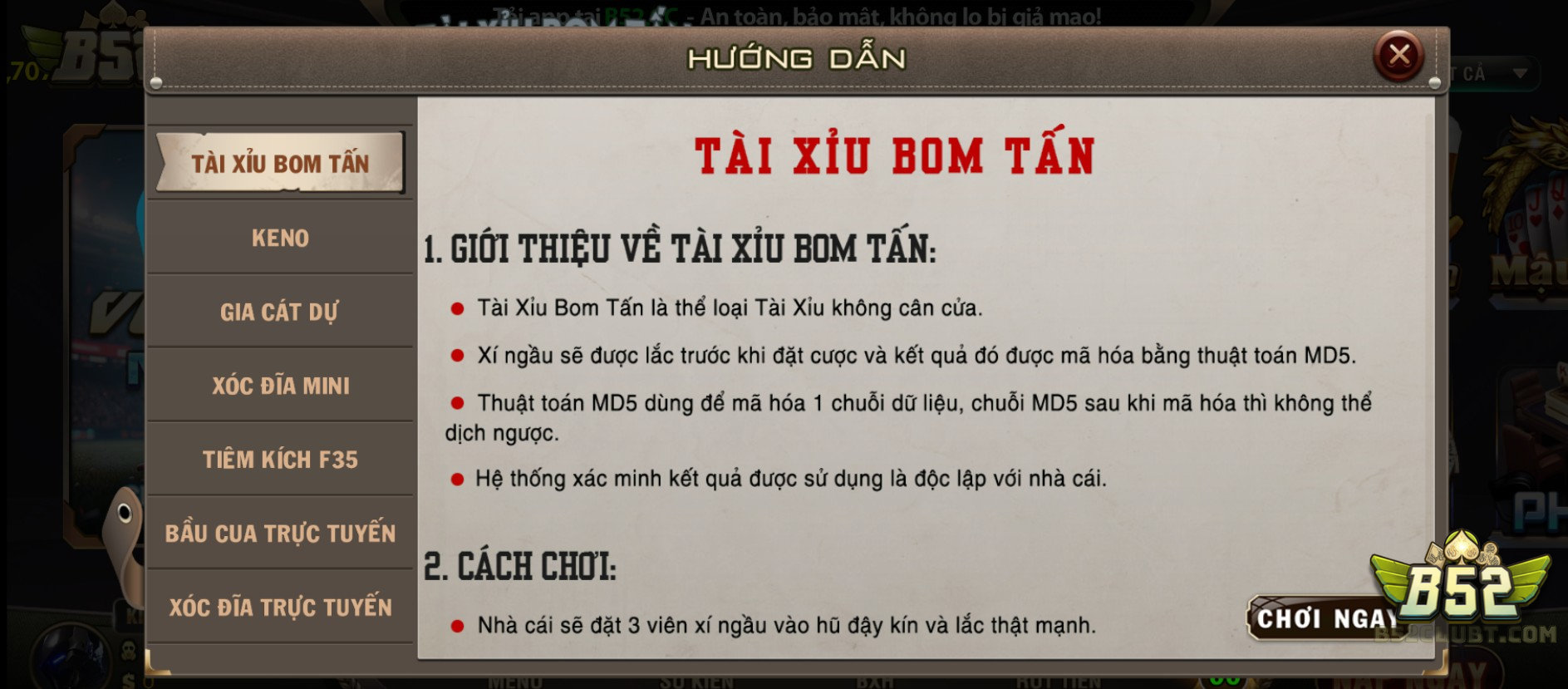 Luật chơi Tài xỉu bom tấn B52 Club